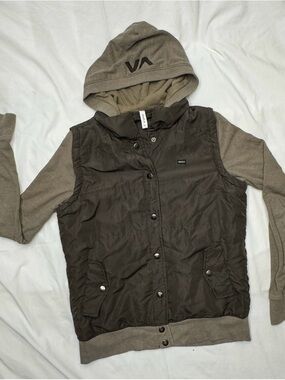 RVCA Hooded Snap Jacket Medium Brown Taupe Waffle Knit Sleeve Mixed Media Coat